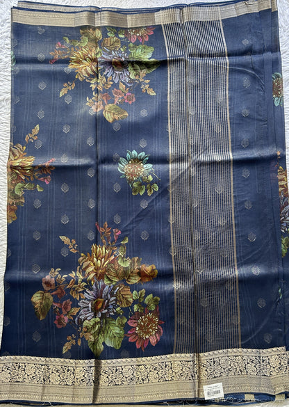 Satin Georgette Saree Ink Blue Colored Elegantly Paired with a Zari Border. - Sampradaya Designer Studio