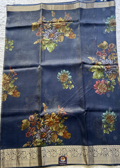 Satin Georgette Saree Ink Blue Colored Elegantly Paired with a Zari Border. - Sampradaya Designer Studio