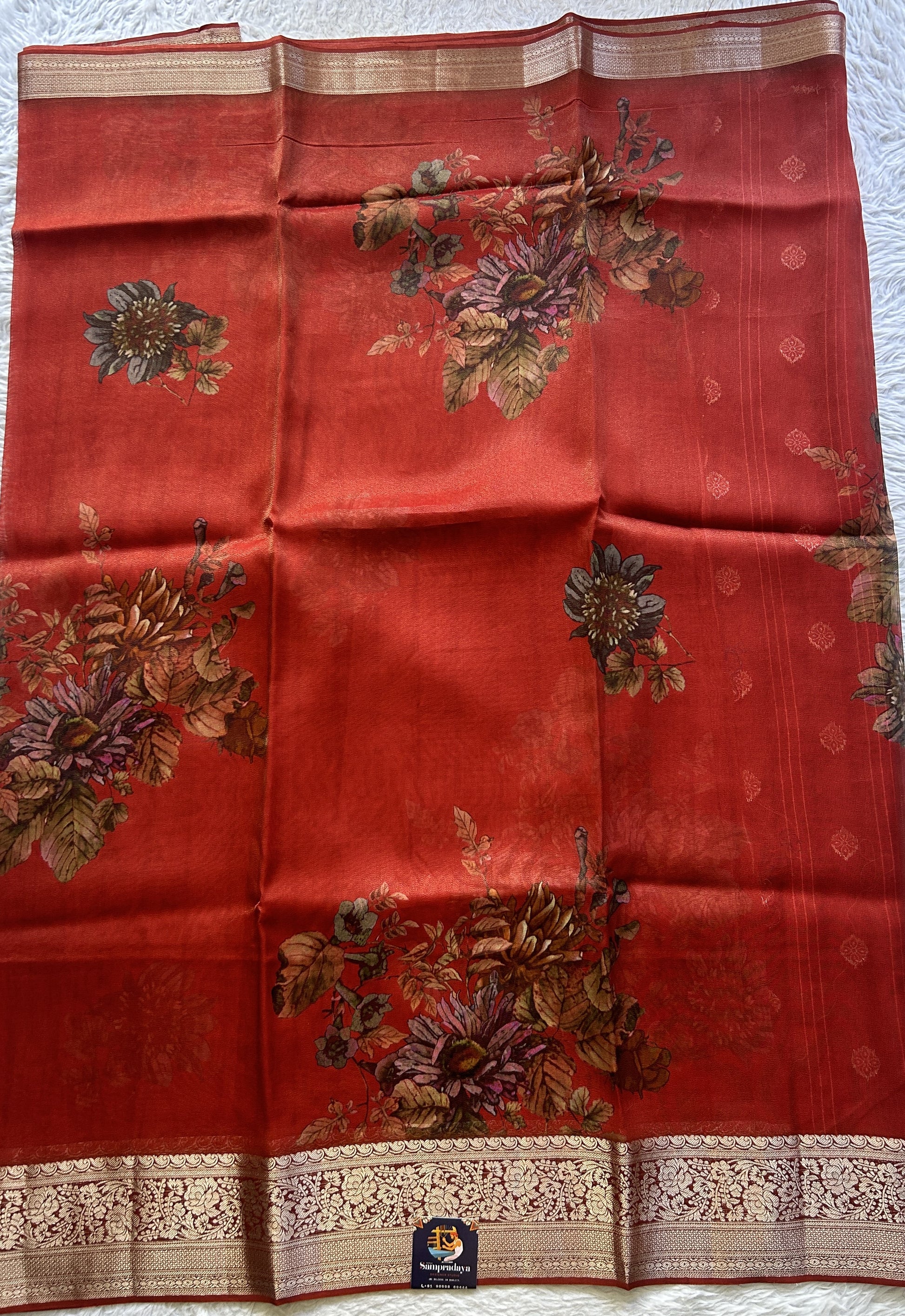 Satin Georgette Saree Red Colored Elegantly Paired with a Zari Border. - Sampradaya Designer Studio