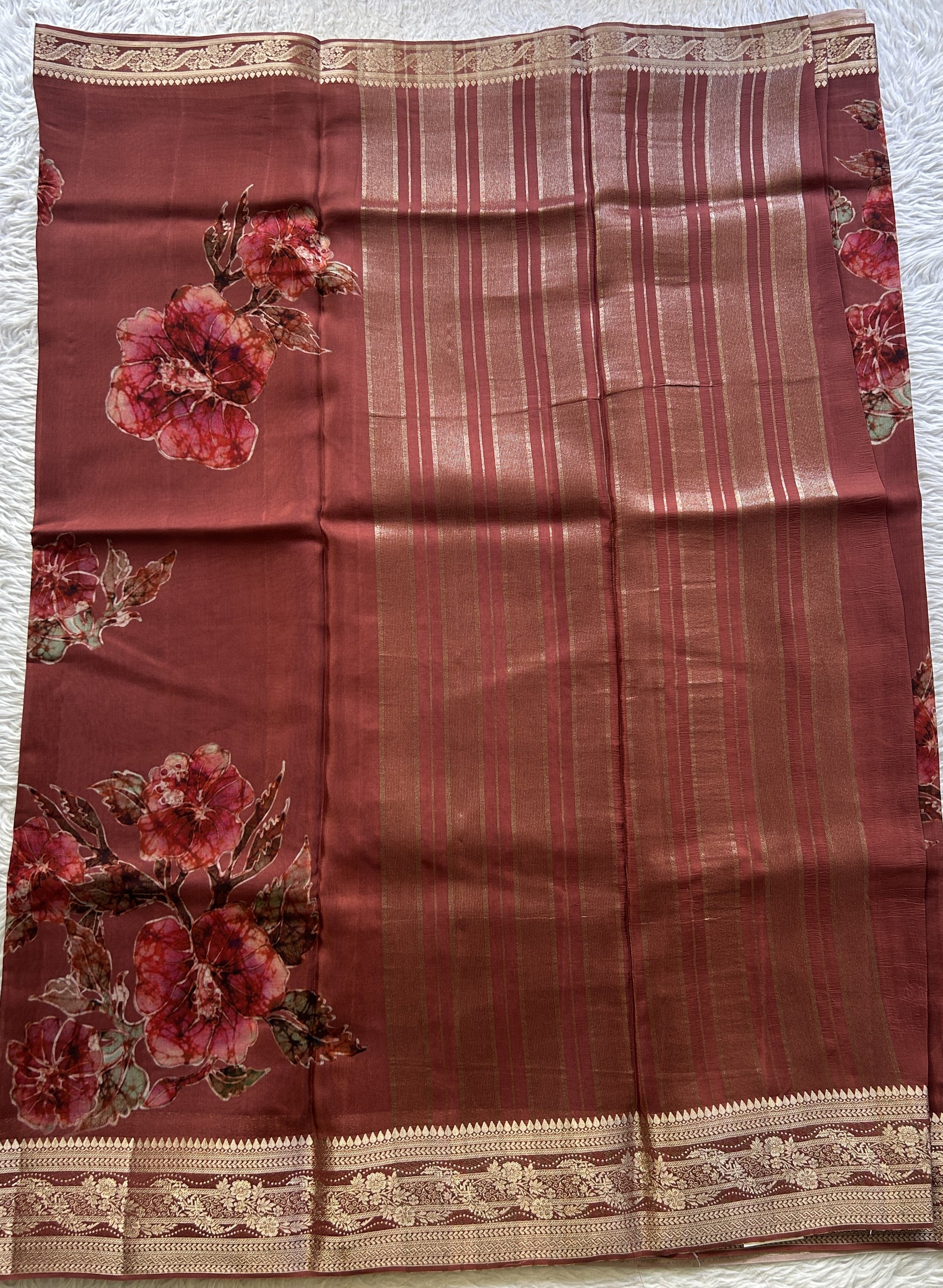 Satin Georgette Saree Rust Brown Colored Elegantly Paired with a Zari Border. - Sampradaya Designer Studio