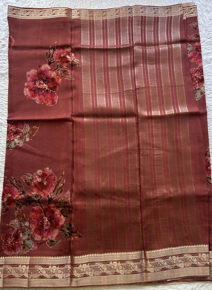 Satin Georgette Saree Rust Brown Colored Elegantly Paired with a Zari Border. - Sampradaya Designer Studio