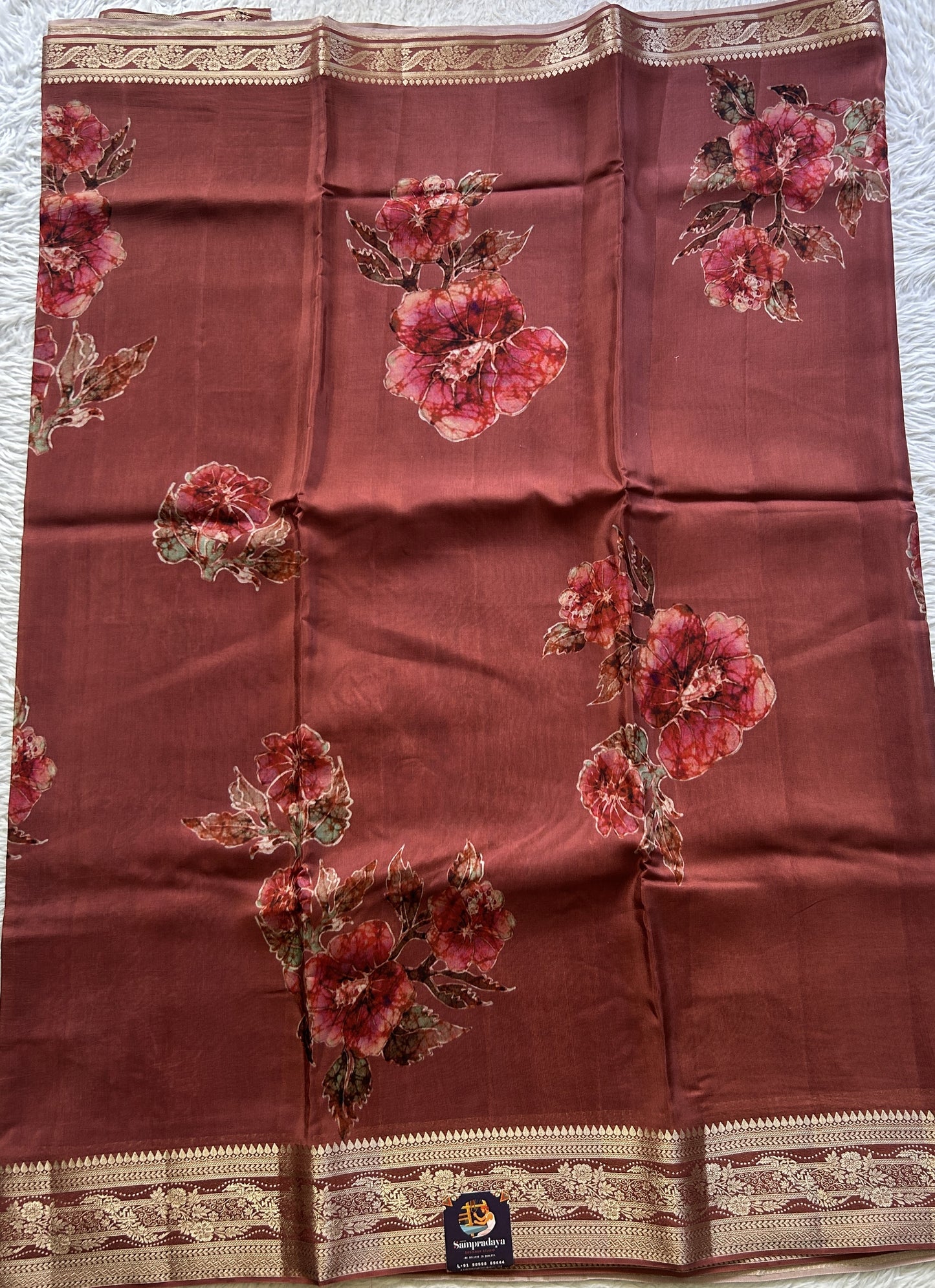 Satin Georgette Saree Rust Brown Colored Elegantly Paired with a Zari Border. - Sampradaya Designer Studio