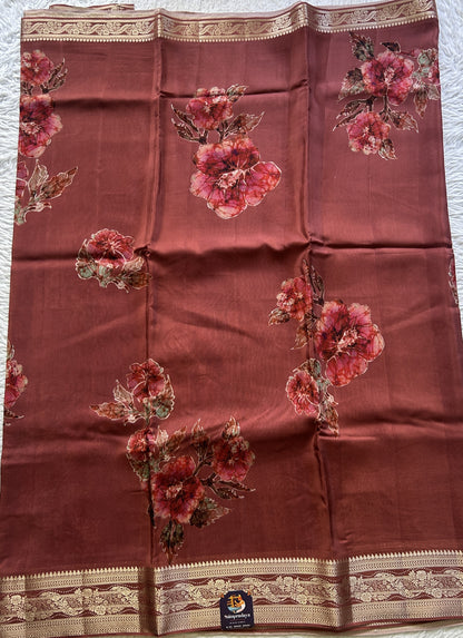 Satin Georgette Saree Rust Brown Colored Elegantly Paired with a Zari Border. - Sampradaya Designer Studio