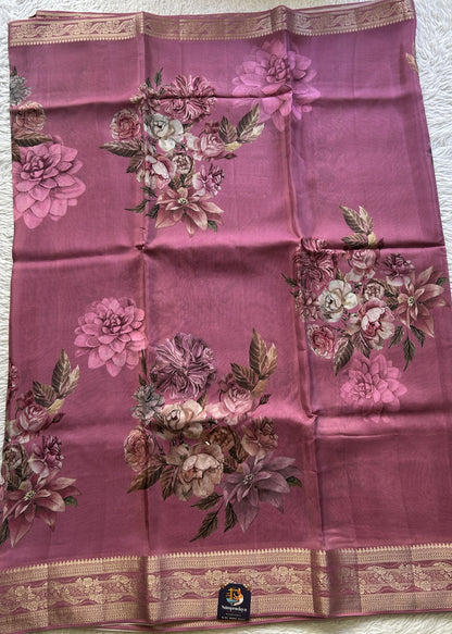 Satin Georgette Saree Pink Colored Elegantly Paired with a Zari Border. - Sampradaya Designer Studio