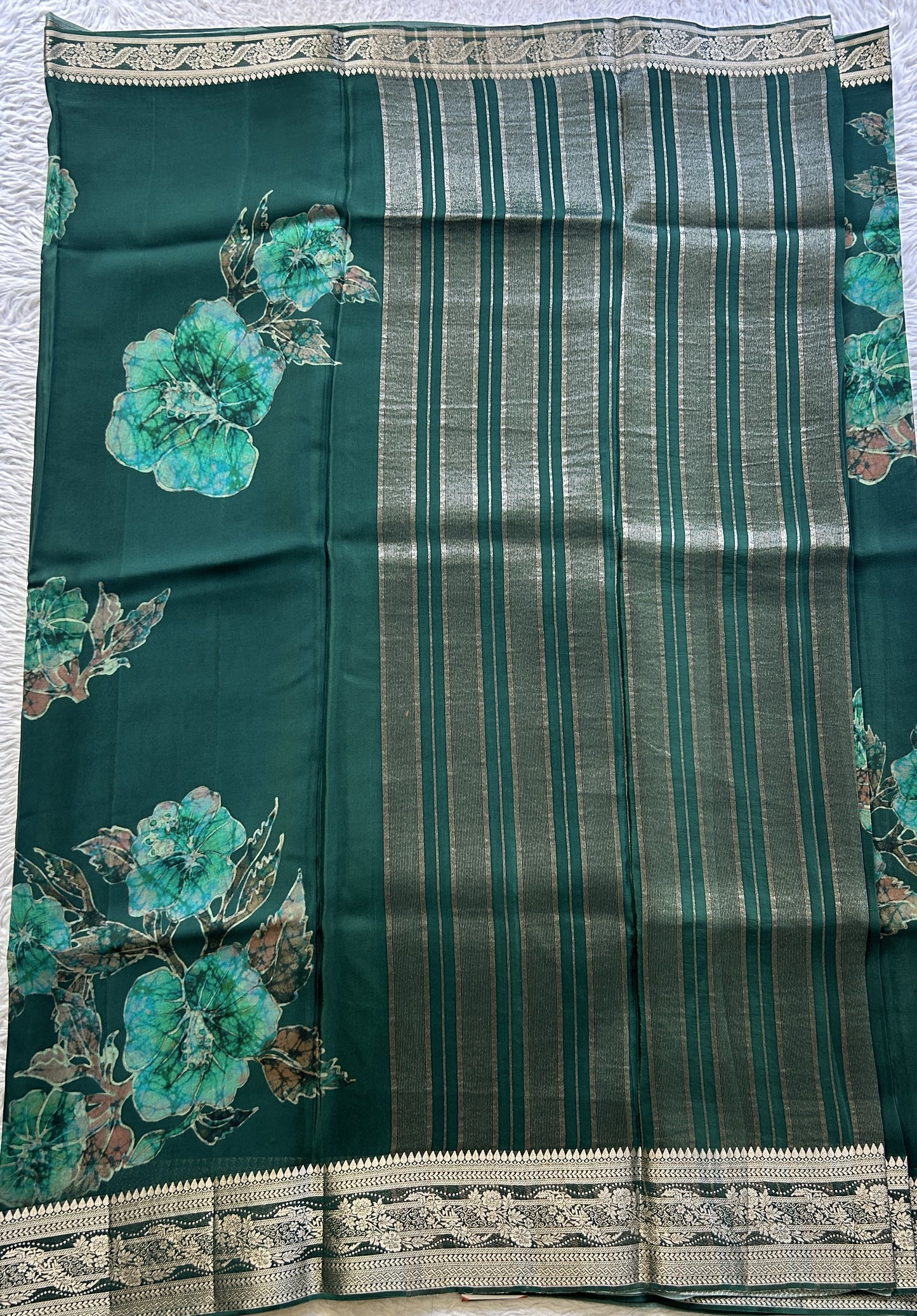 Satin Georgette Saree Bottle Green Colored Elegantly Paired with a Zari Border. - Sampradaya Designer Studio