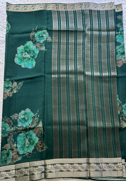 Satin Georgette Saree Bottle Green Colored Elegantly Paired with a Zari Border. - Sampradaya Designer Studio