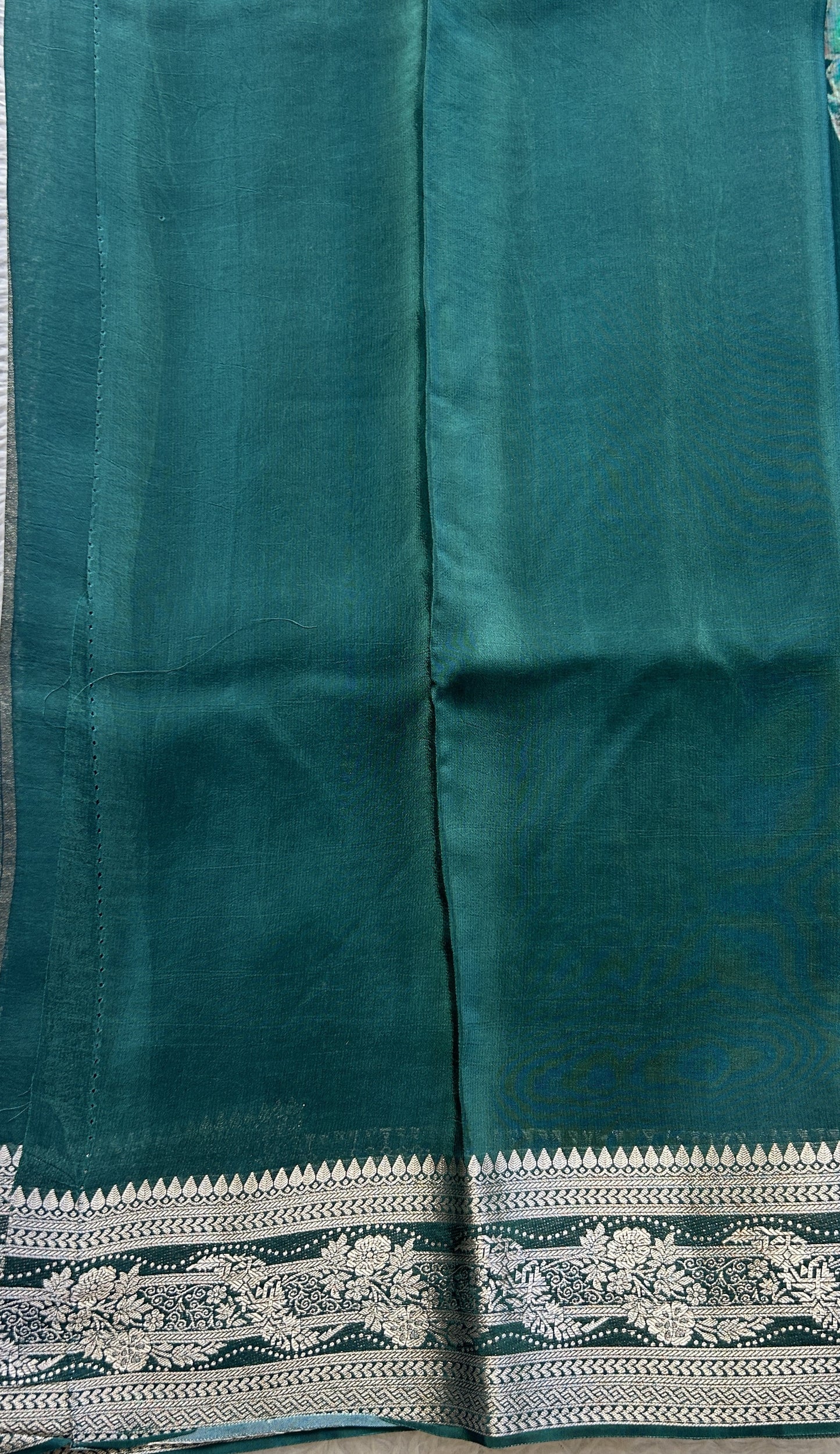 Satin Georgette Saree Bottle Green Colored Elegantly Paired with a Zari Border. - Sampradaya Designer Studio