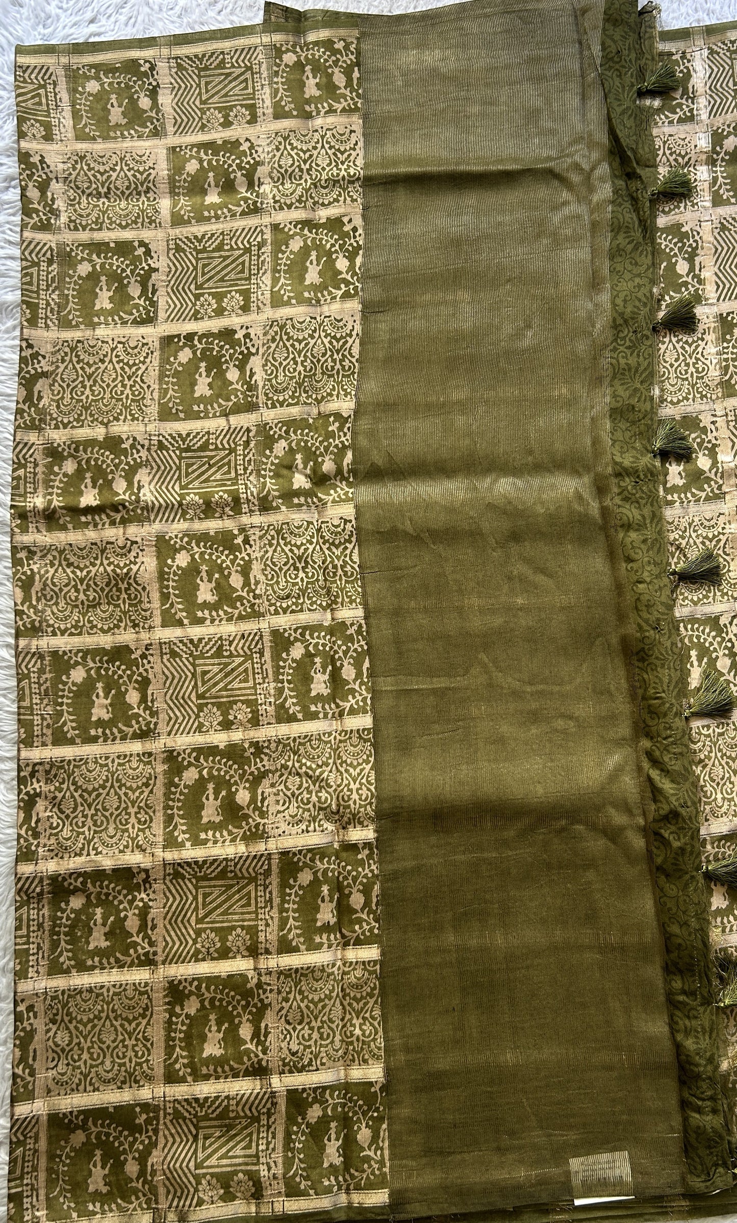 Dola Crepe Saree Olive Green Colored Elegantly Paired with a Zari Border. - Sampradaya Designer Studio