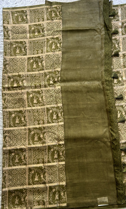 Dola Crepe Saree Olive Green Colored Elegantly Paired with a Zari Border. - Sampradaya Designer Studio