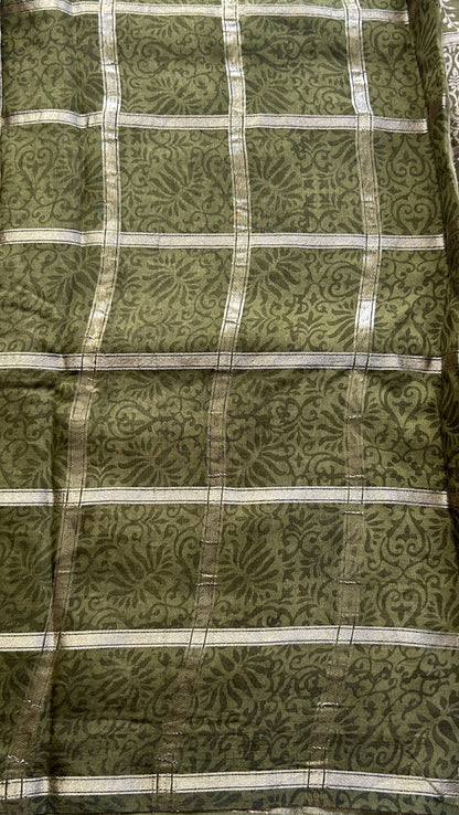 Dola Crepe Saree Olive Green Colored Elegantly Paired with a Zari Border. - Sampradaya Designer Studio