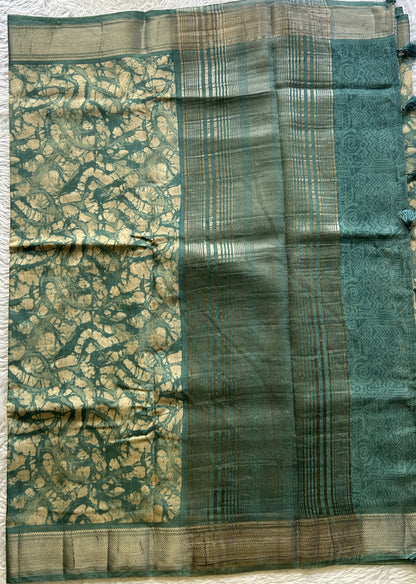 Dola Crepe Saree Ocean Green Colored Elegantly Paired with a Zari Border. - Sampradaya Designer Studio