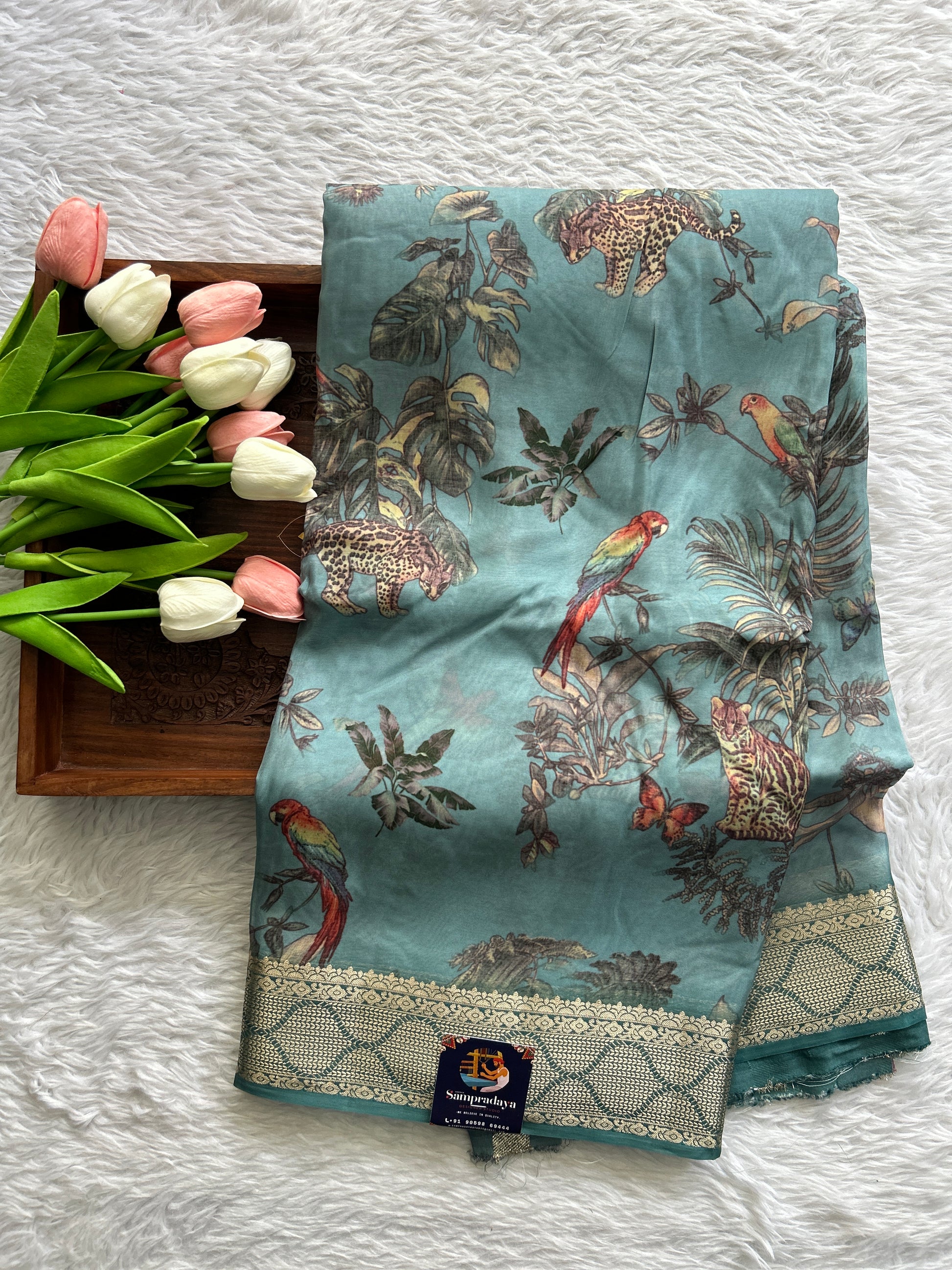 Banarasi Soft Silk Saree Sea Blue Colored Complemented with a Zari Border. - Sampradaya Designer Studio