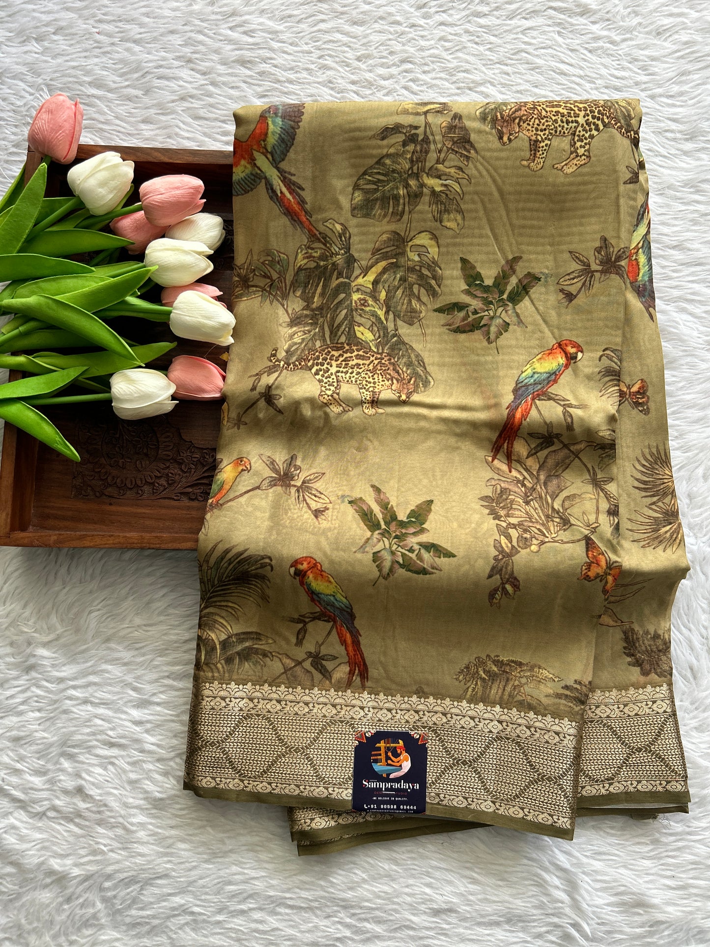Banarasi Soft Silk Saree Olive Green Colored Complemented with a Zari Border. - Sampradaya Designer Studio