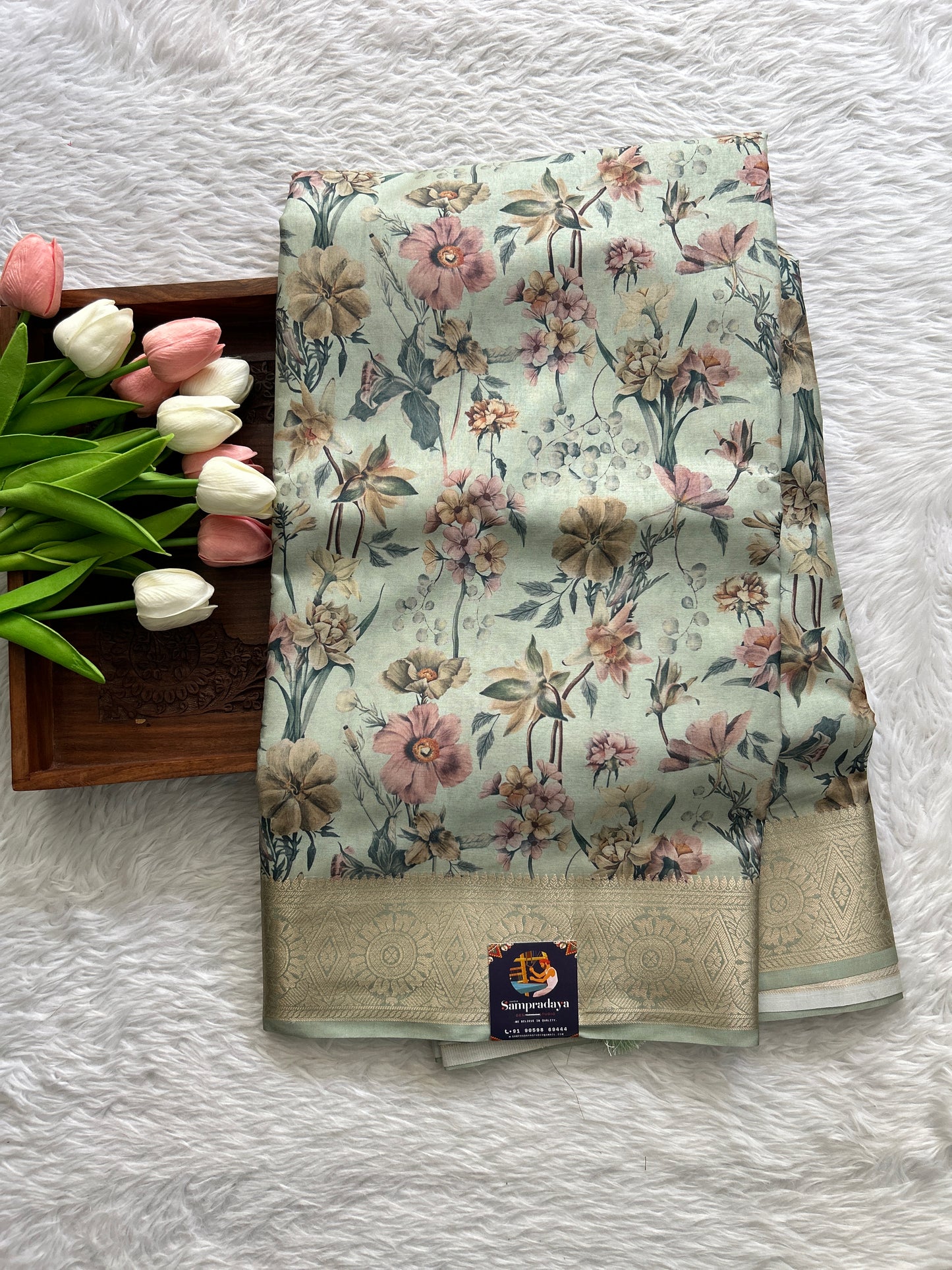 Banarasi Soft Silk Saree Light Green Colored Complemented with a Zari Border. - Sampradaya Designer Studio