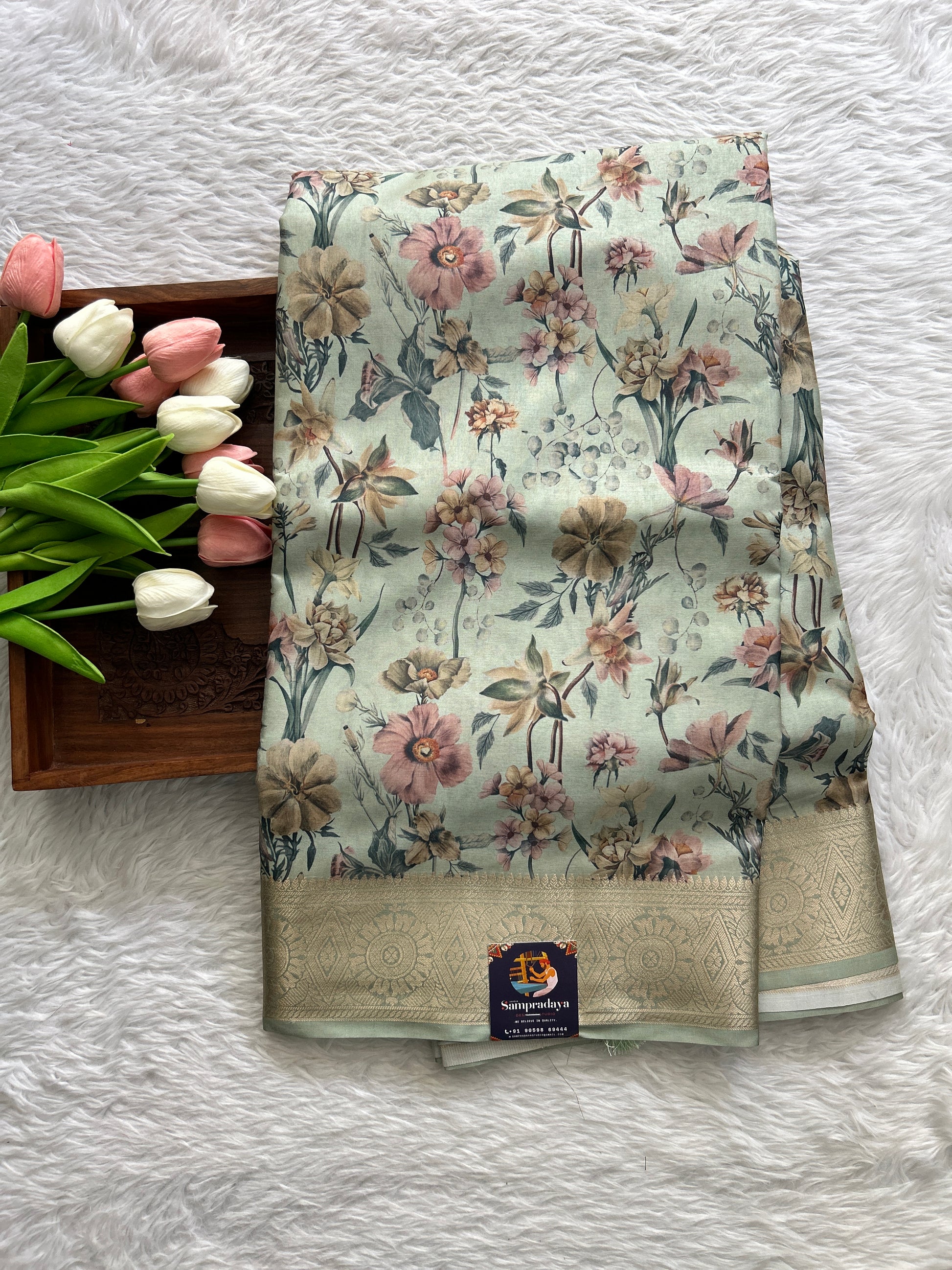 Banarasi Soft Silk Saree Light Green Colored Complemented with a Zari Border. - Sampradaya Designer Studio