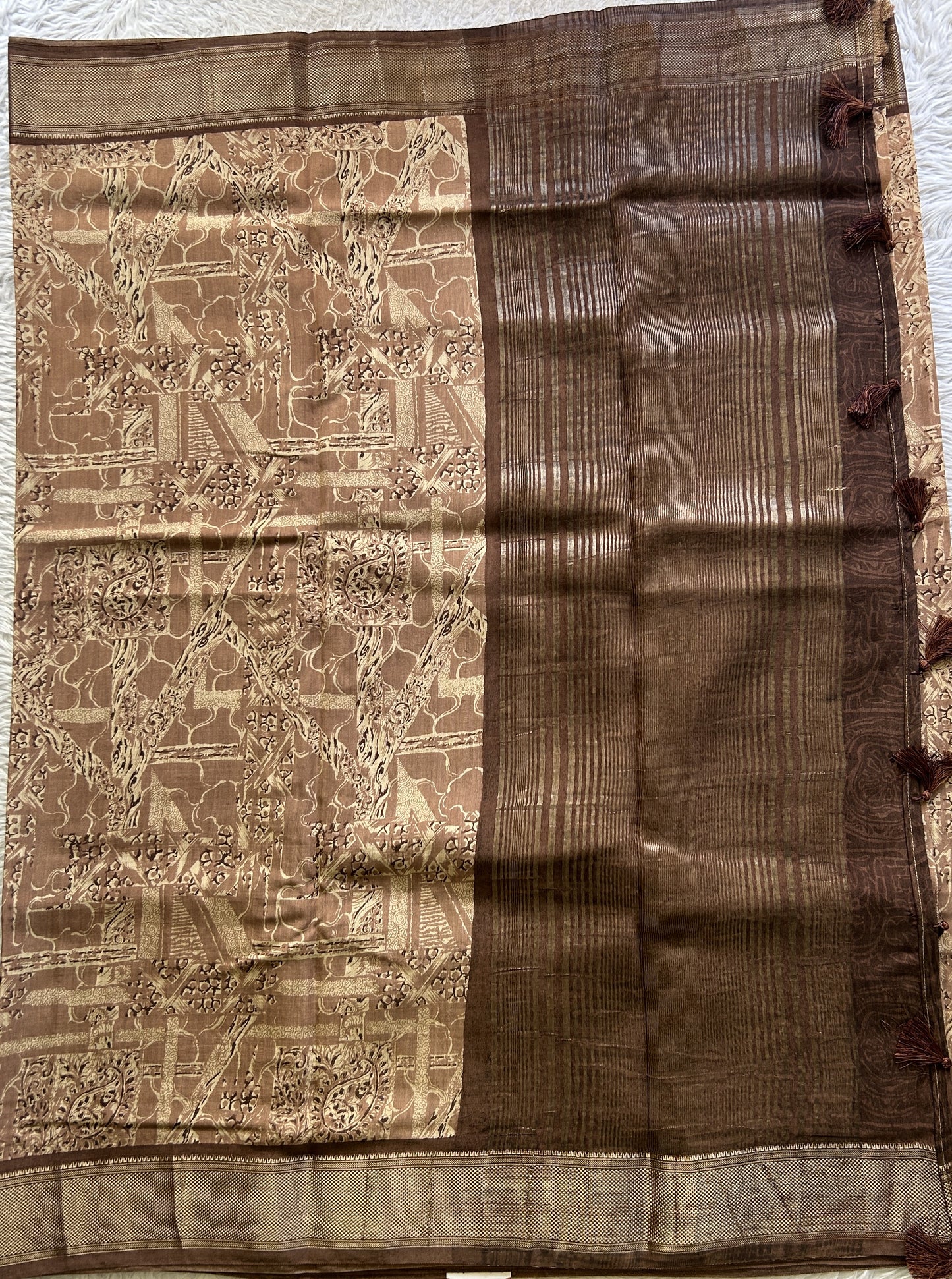 Dola Crepe Saree Light Brown Colored Elegantly Paired with a Zari Border. - Sampradaya Designer Studio