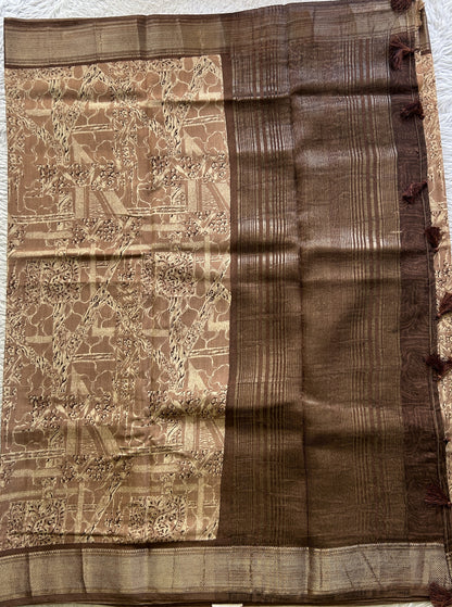Dola Crepe Saree Light Brown Colored Elegantly Paired with a Zari Border. - Sampradaya Designer Studio