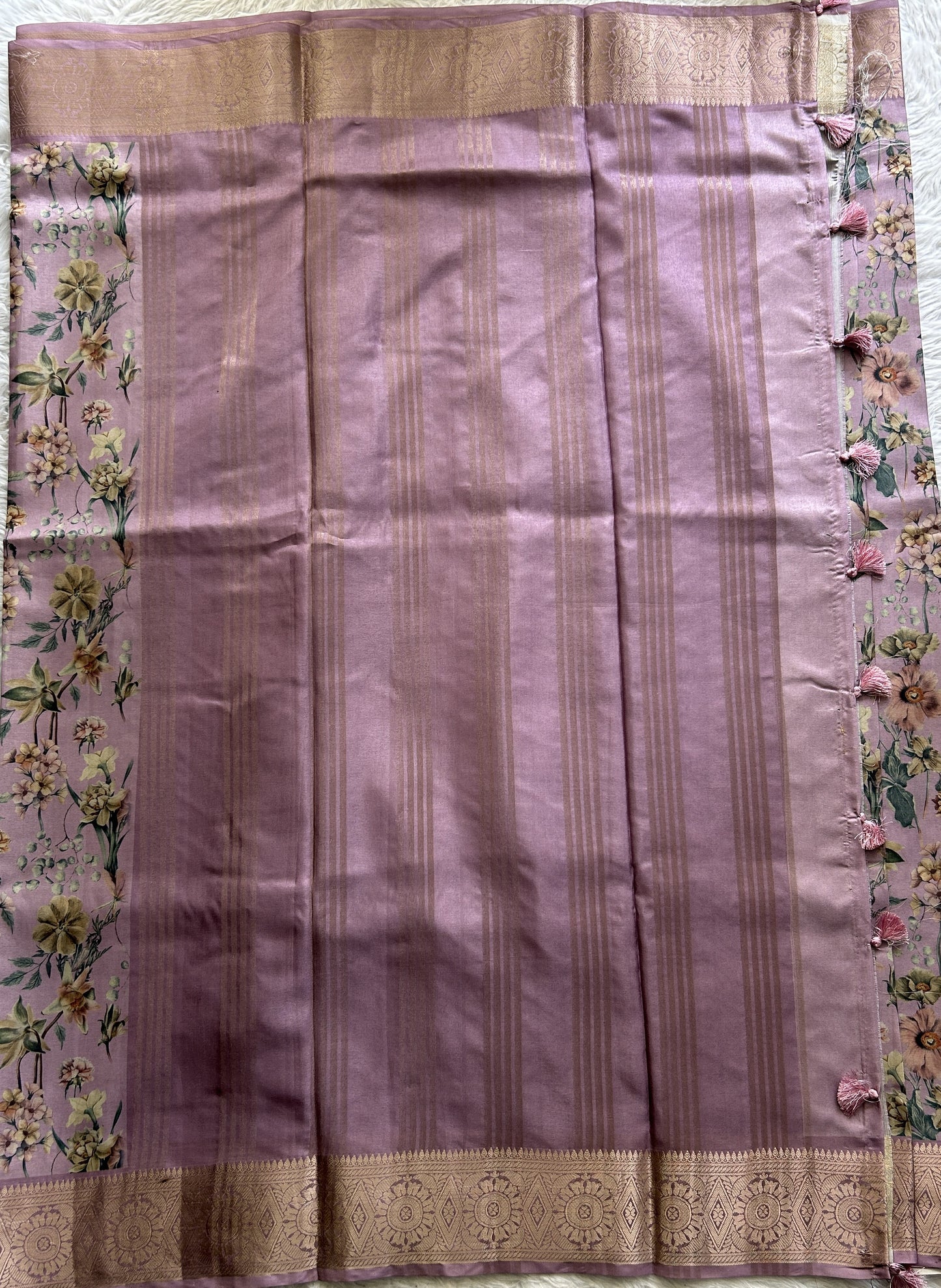 Banarasi Soft Silk Saree Light Lilac Colored Complemented with a Zari Border. - Sampradaya Designer Studio