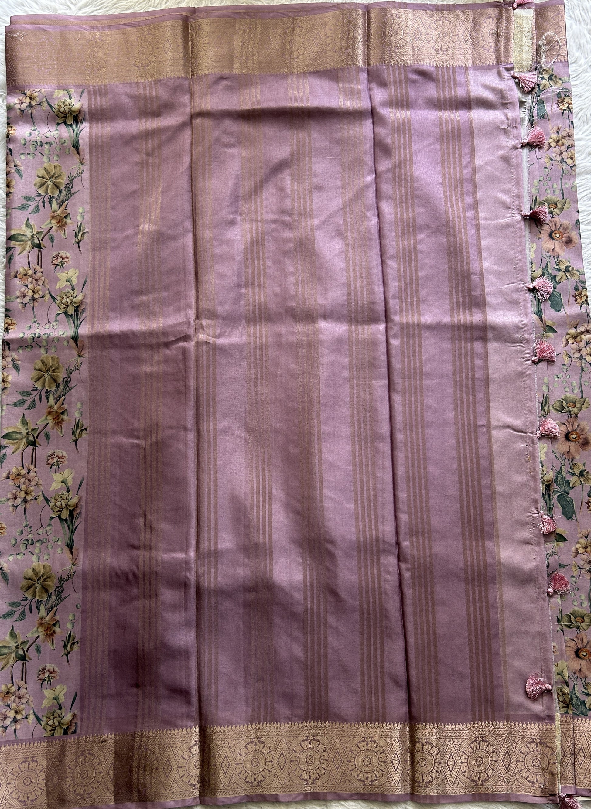 Banarasi Soft Silk Saree Light Lilac Colored Complemented with a Zari Border. - Sampradaya Designer Studio