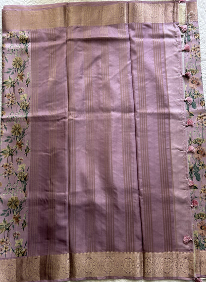 Banarasi Soft Silk Saree Light Lilac Colored Complemented with a Zari Border. - Sampradaya Designer Studio