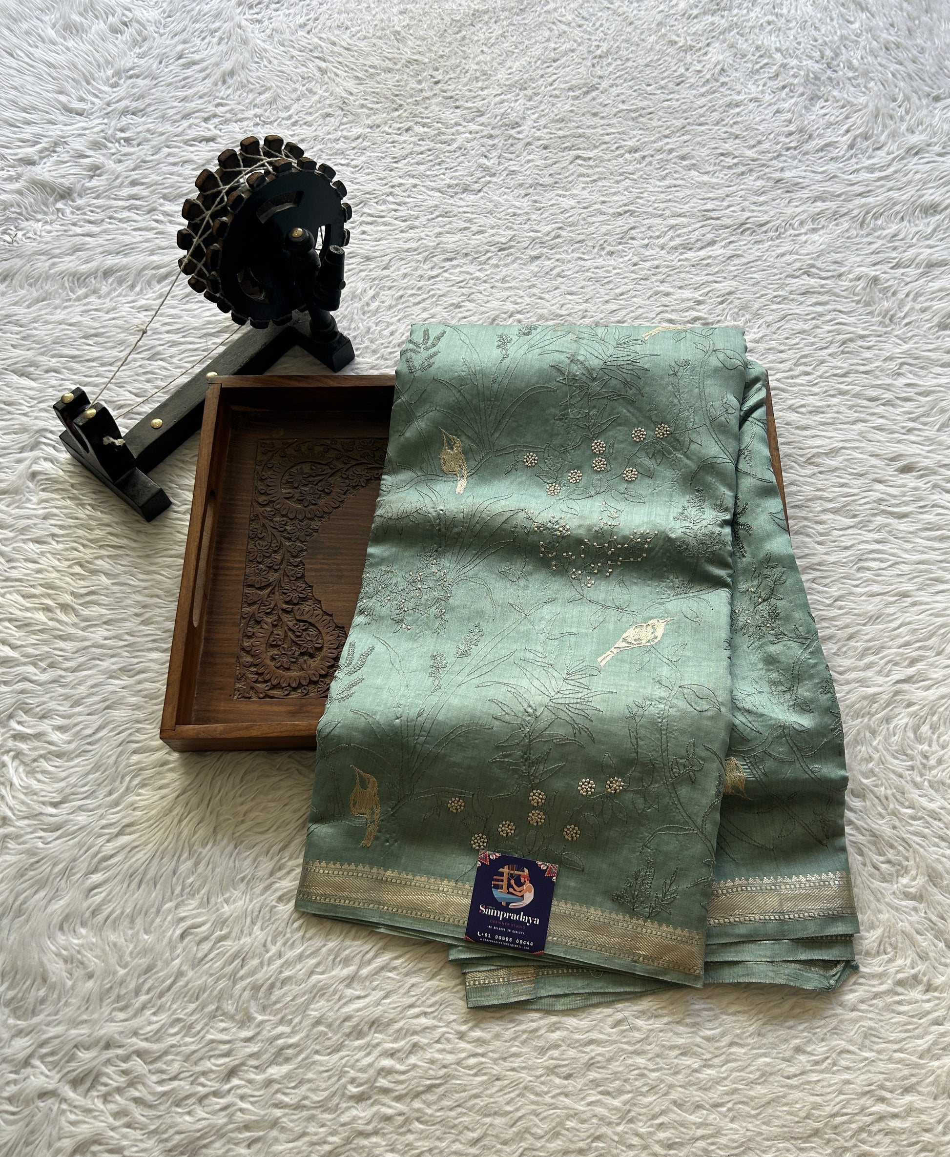 Chiniya Silk Saree Sea Green Colored Elegantly Paired with a Zari Border. - Sampradaya Designer Studio