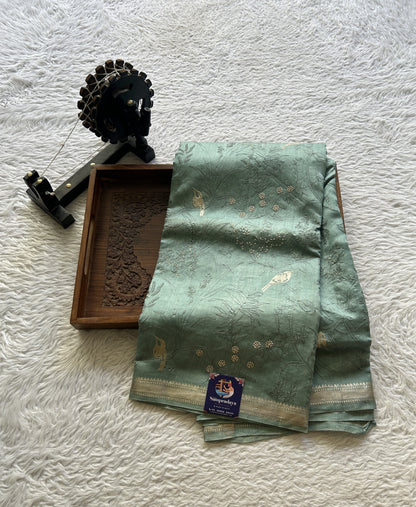 Chiniya Silk Saree Sea Green Colored Elegantly Paired with a Zari Border. - Sampradaya Designer Studio