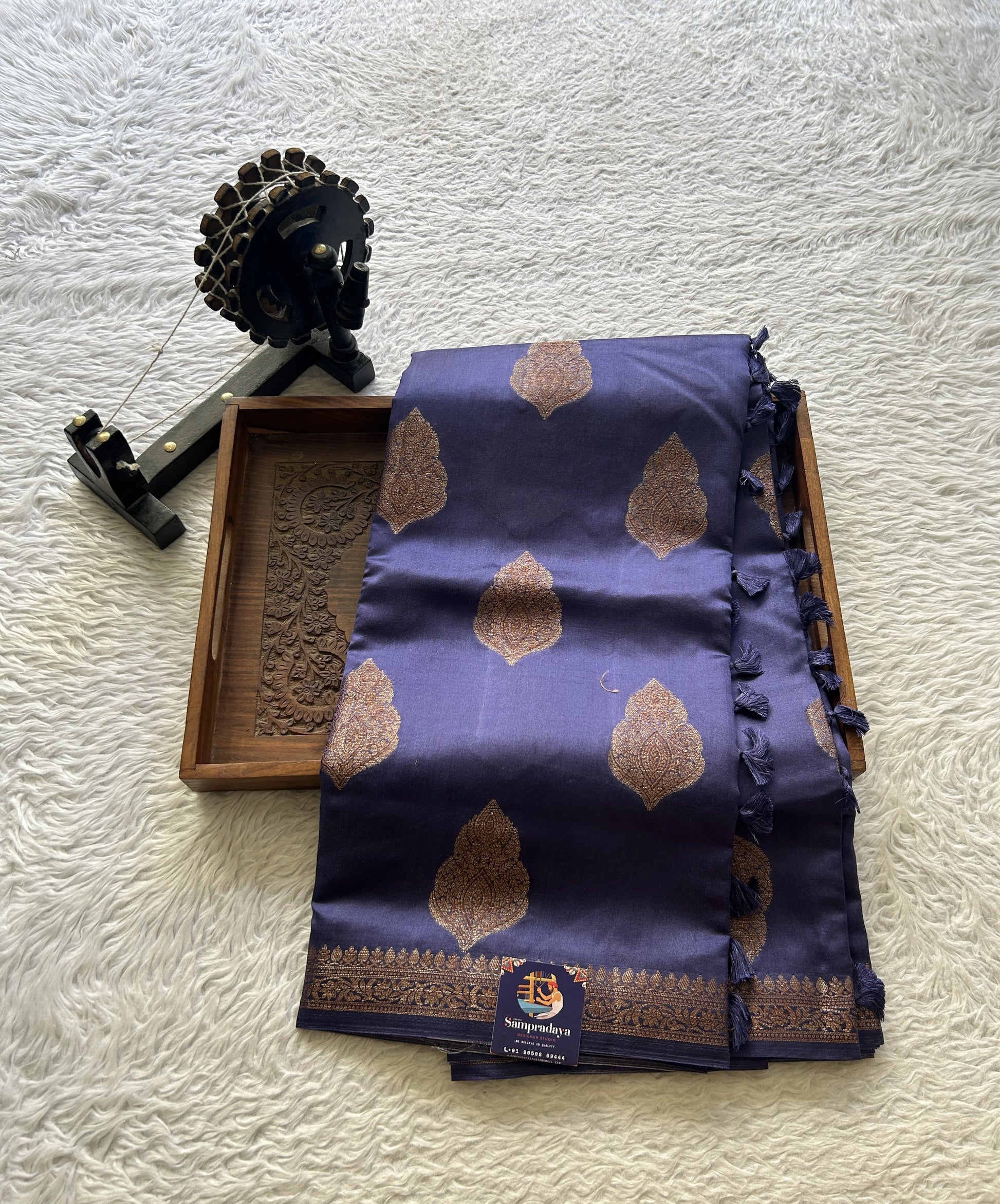 Chiniya Silk Saree Ink Blue Colored Elegantly Paired with a Zari Border. - Sampradaya Designer Studio