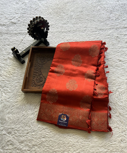 Chiniya Silk Saree Red Colored Elegantly Paired with a Zari Border. - Sampradaya Designer Studio