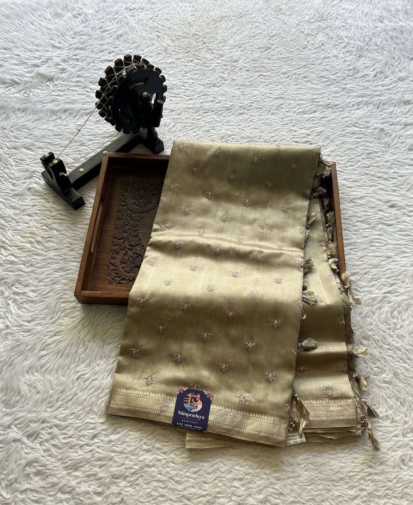 Chiniya Silk Saree Chikoo Colored Elegantly Paired with a Zari Border. - Sampradaya Designer Studio