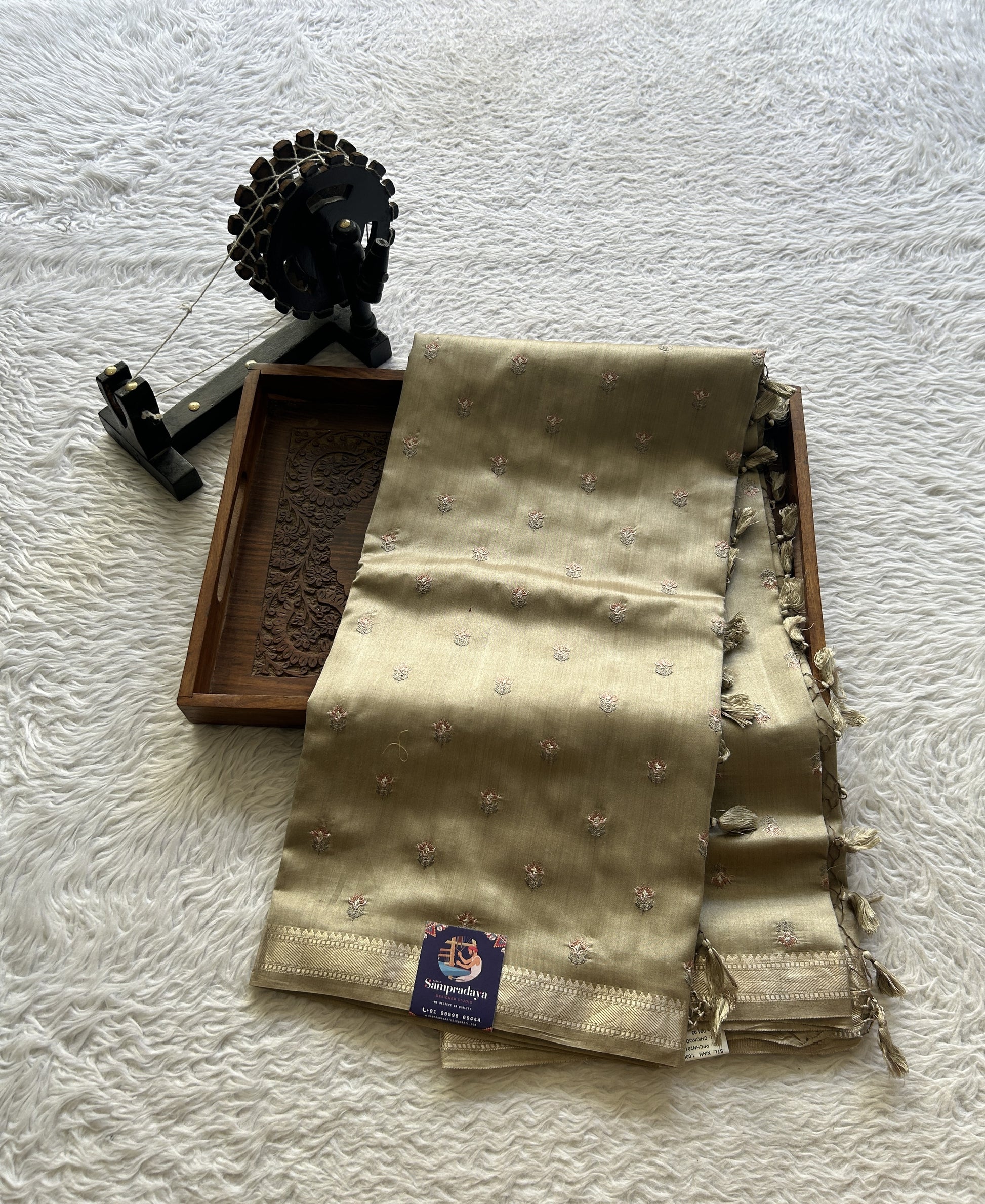 Chiniya Silk Saree Chikoo Colored Elegantly Paired with a Zari Border. - Sampradaya Designer Studio