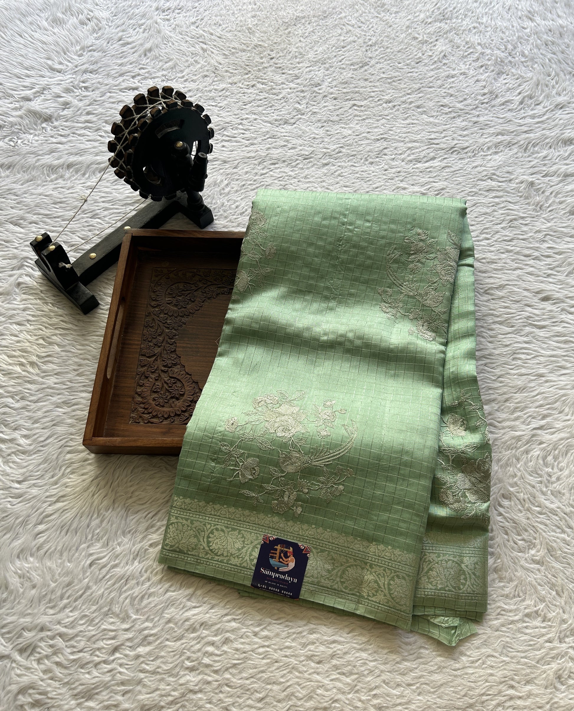 Chiniya Silk Saree Light Green Colored Elegantly Paired with a Zari Border. - Sampradaya Designer Studio