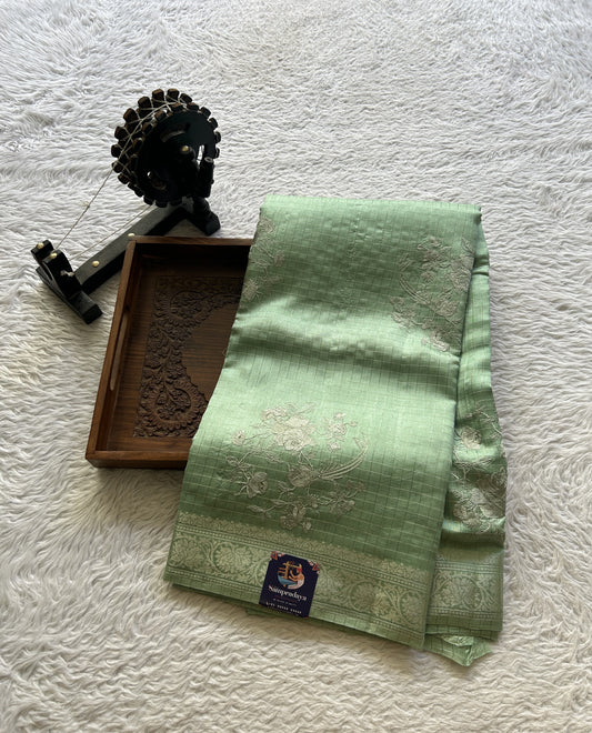 Chiniya Silk Saree Light Green Colored Elegantly Paired with a Zari Border. - Sampradaya Designer Studio