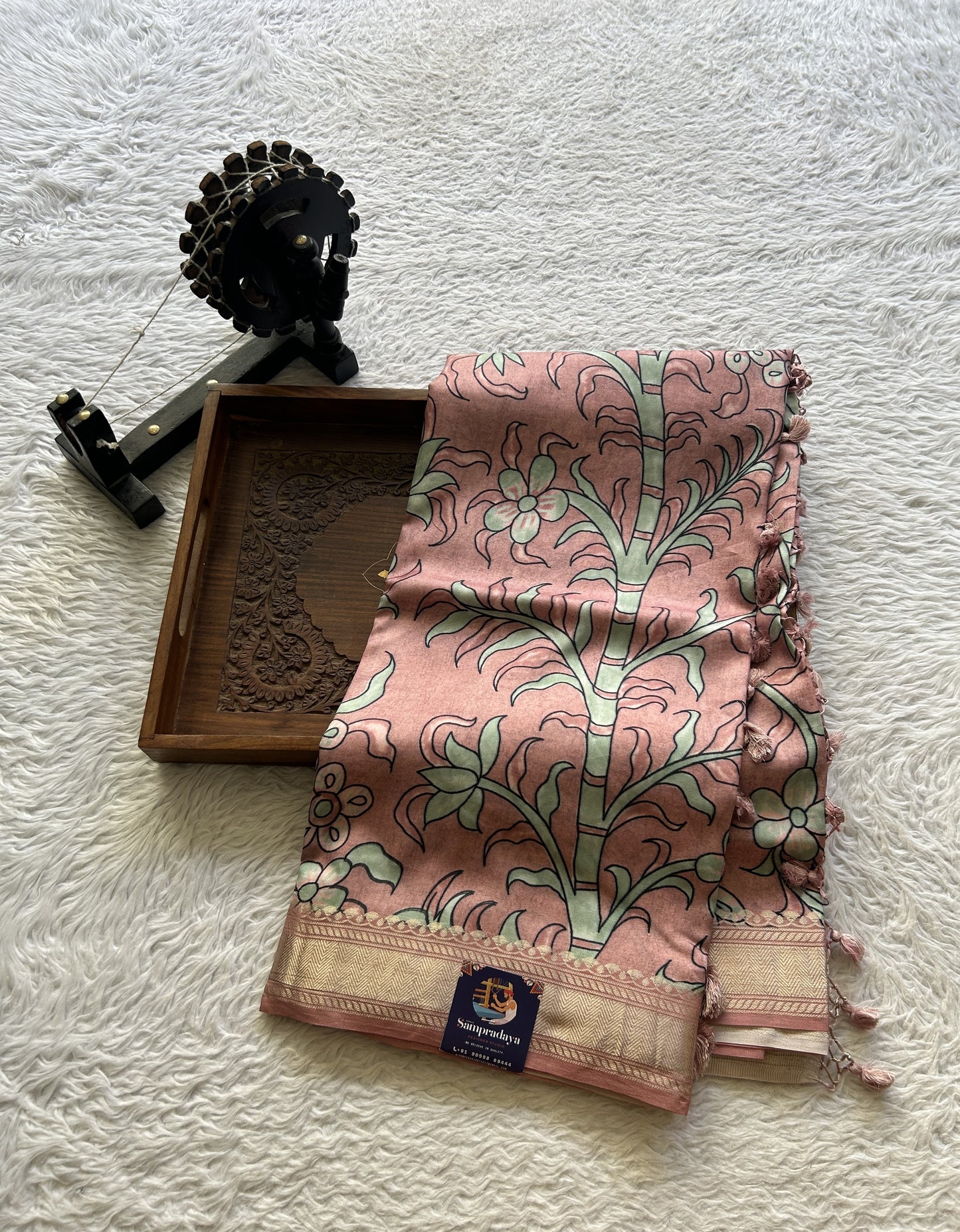 Chiniya Silk Saree Deep Peach Colored Elegantly Paired with a Zari Border. - Sampradaya Designer Studio