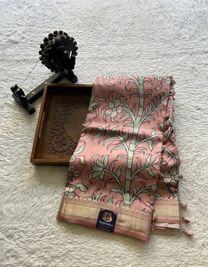 Chiniya Silk Saree Deep Peach Colored Elegantly Paired with a Zari Border. - Sampradaya Designer Studio