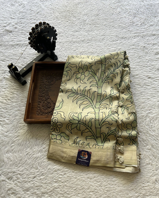 Chiniya Silk Saree Very Light Green Colored Elegantly Paired with a Zari Border. - Sampradaya Designer Studio