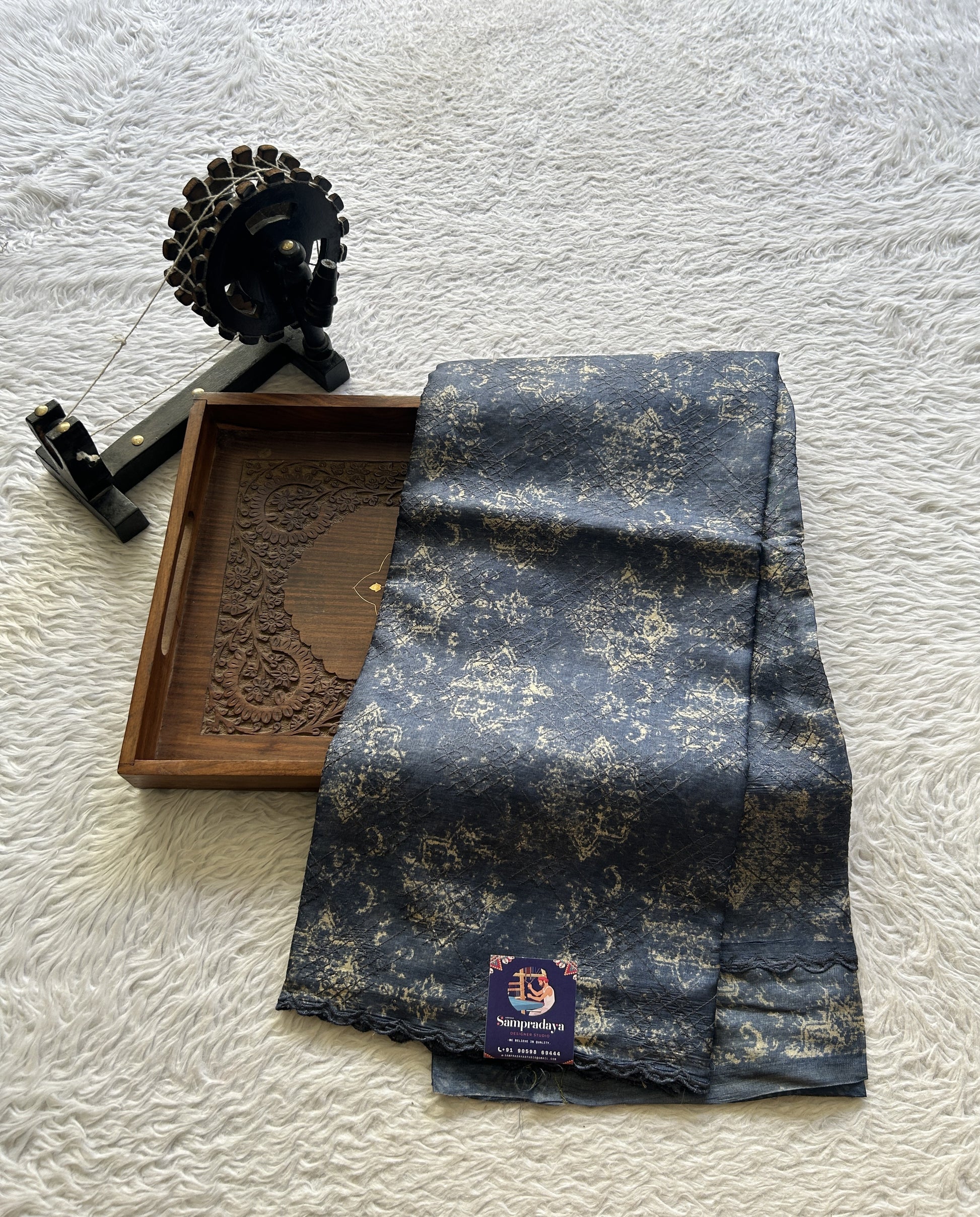 Pure Tussar Silk Saree Navy Blue Color Complemented with a Borderless. - Sampradaya Designer Studio