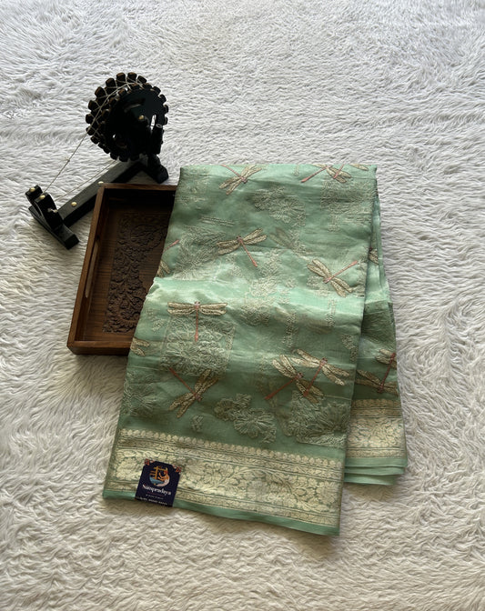 Tissue Organza Designer Saree Aqua Green colored Saree Paired with a Zari border. - Sampradaya Designer Studio