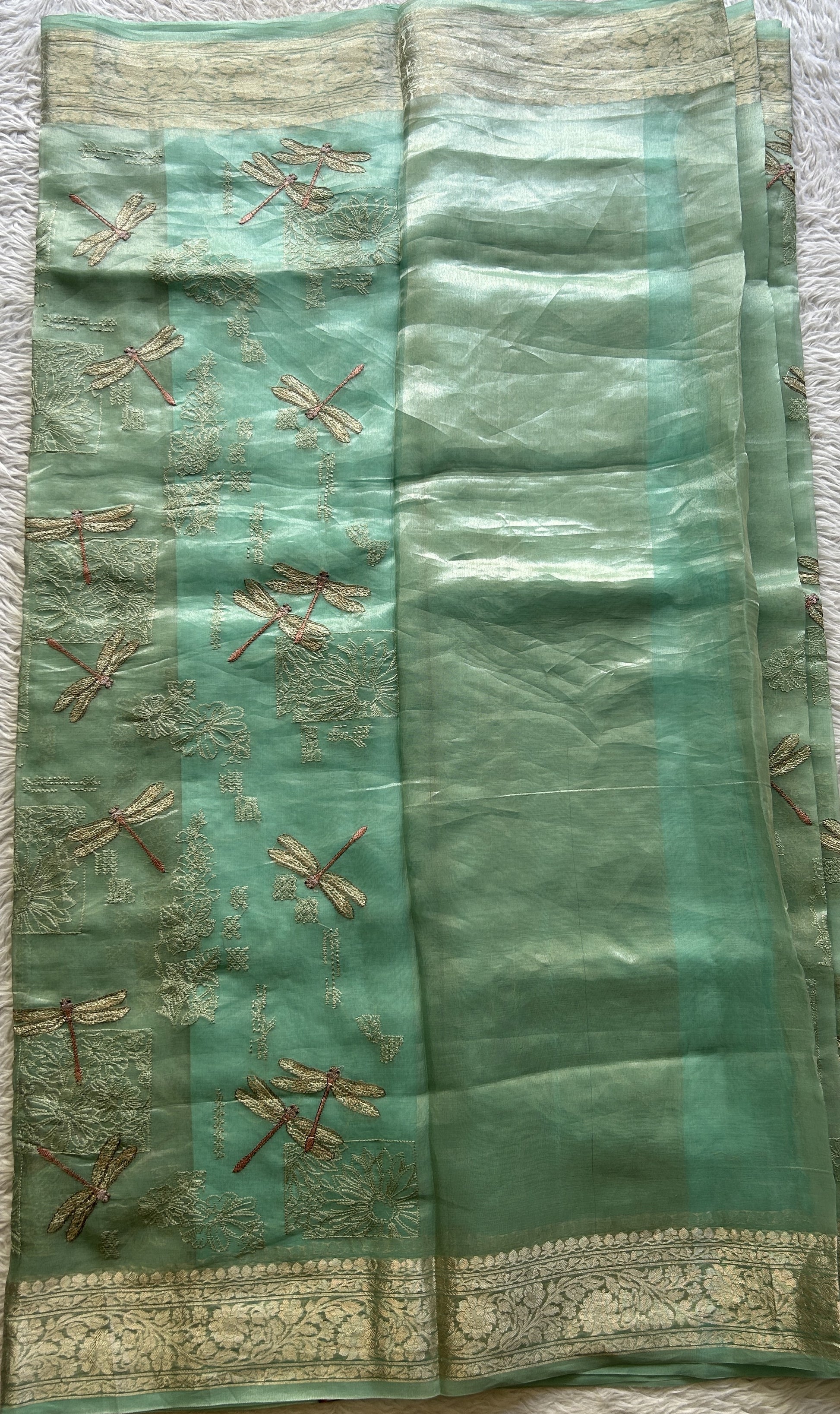 Tissue Organza Designer Saree Aqua Green colored Saree Paired with a Zari border. - Sampradaya Designer Studio