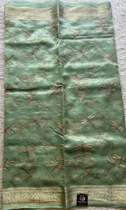 Tissue Organza Designer Saree Aqua Green colored Saree Paired with a Zari border. - Sampradaya Designer Studio