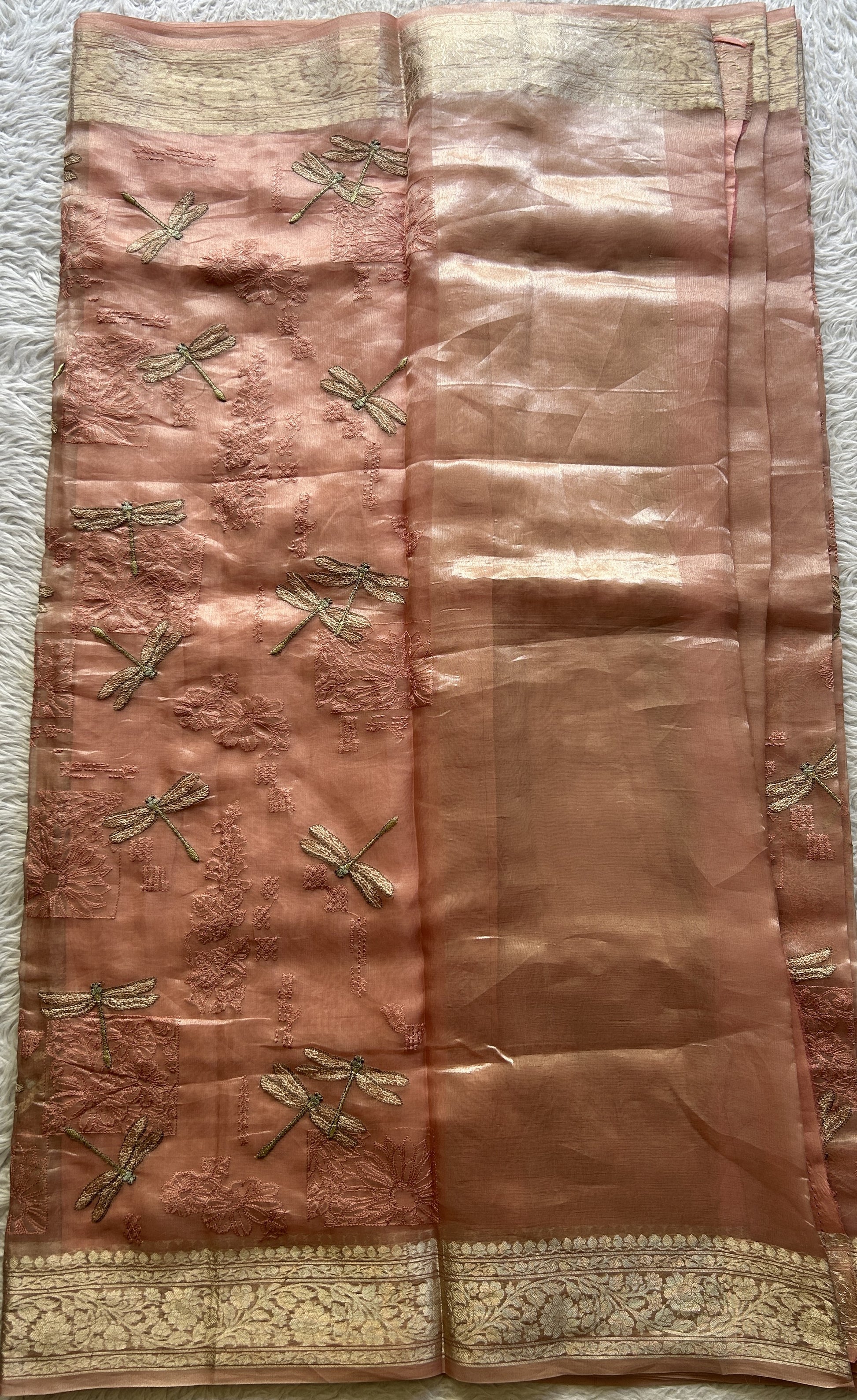Tissue Organza Designer Saree Light Peach colored Saree Paired with a Zari border. - Sampradaya Designer Studio