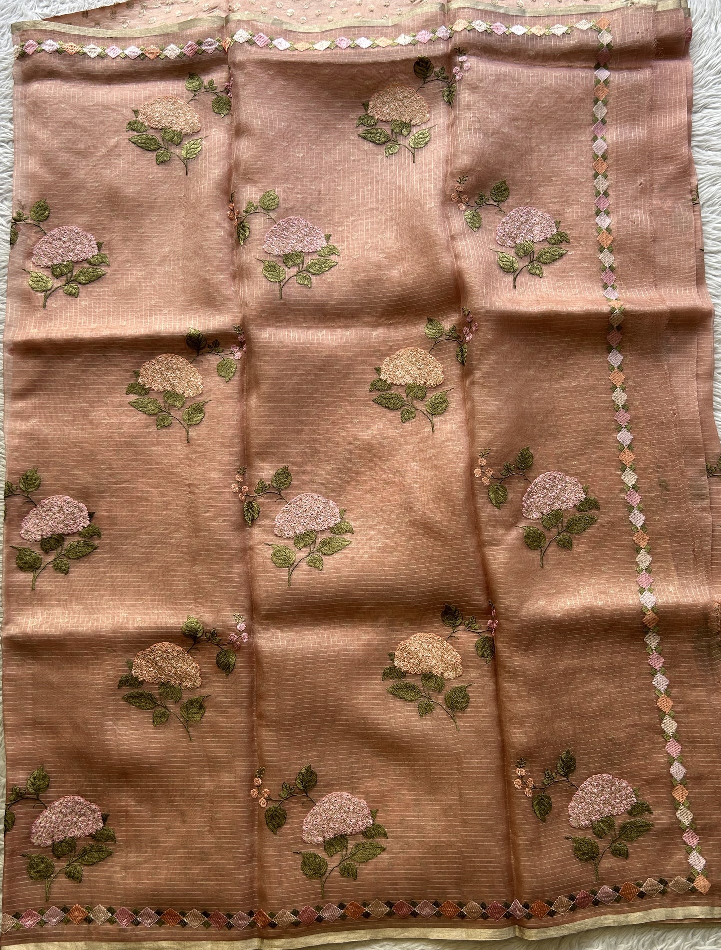 Tissue Organza Designer Saree Peach colored Saree Paired with a Thread border. - Sampradaya Designer Studio
