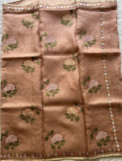 Tissue Organza Designer Saree Peach colored Saree Paired with a Thread border. - Sampradaya Designer Studio