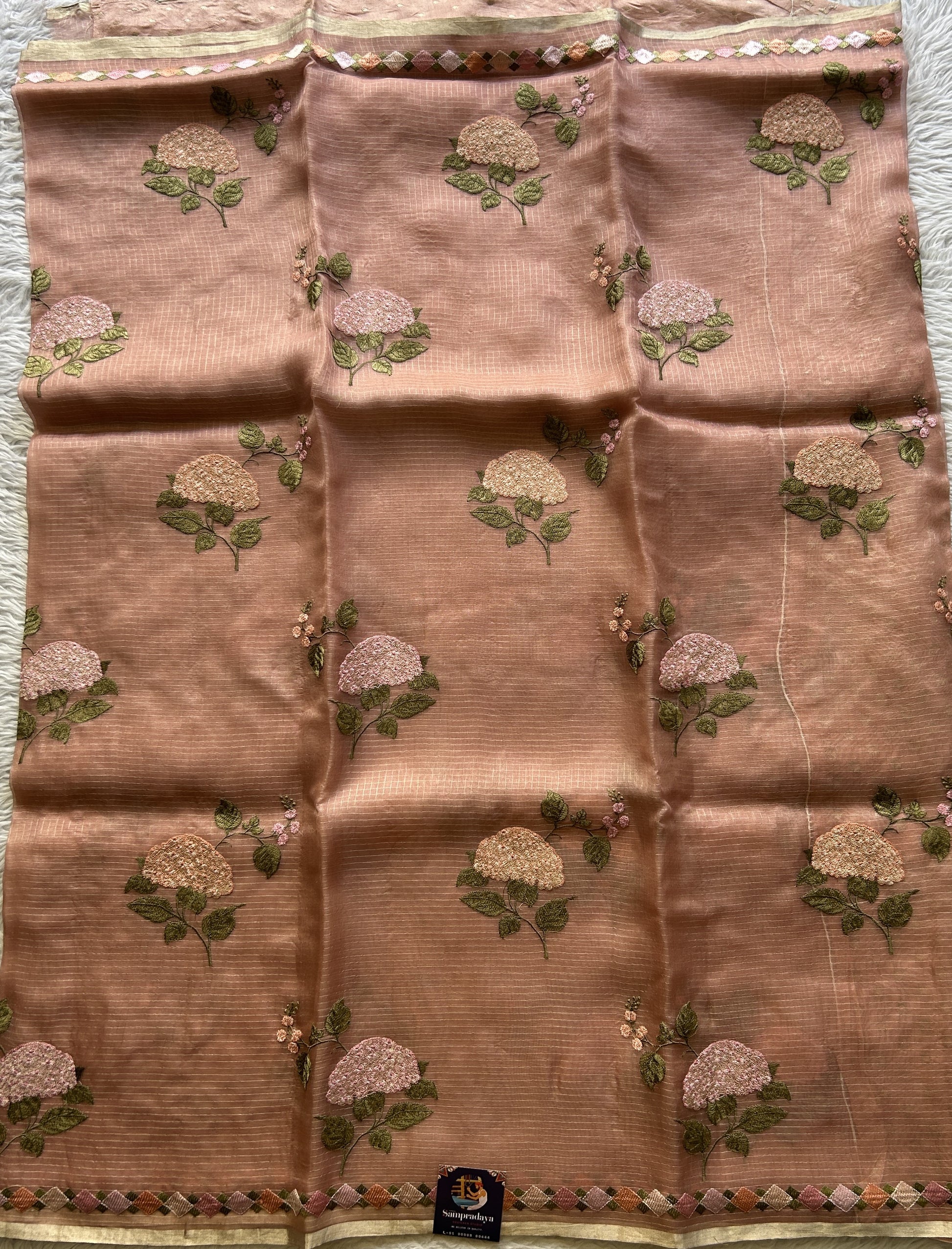 Tissue Organza Designer Saree Peach colored Saree Paired with a Thread border. - Sampradaya Designer Studio