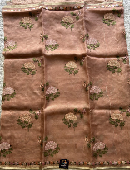 Tissue Organza Designer Saree Peach colored Saree Paired with a Thread border. - Sampradaya Designer Studio