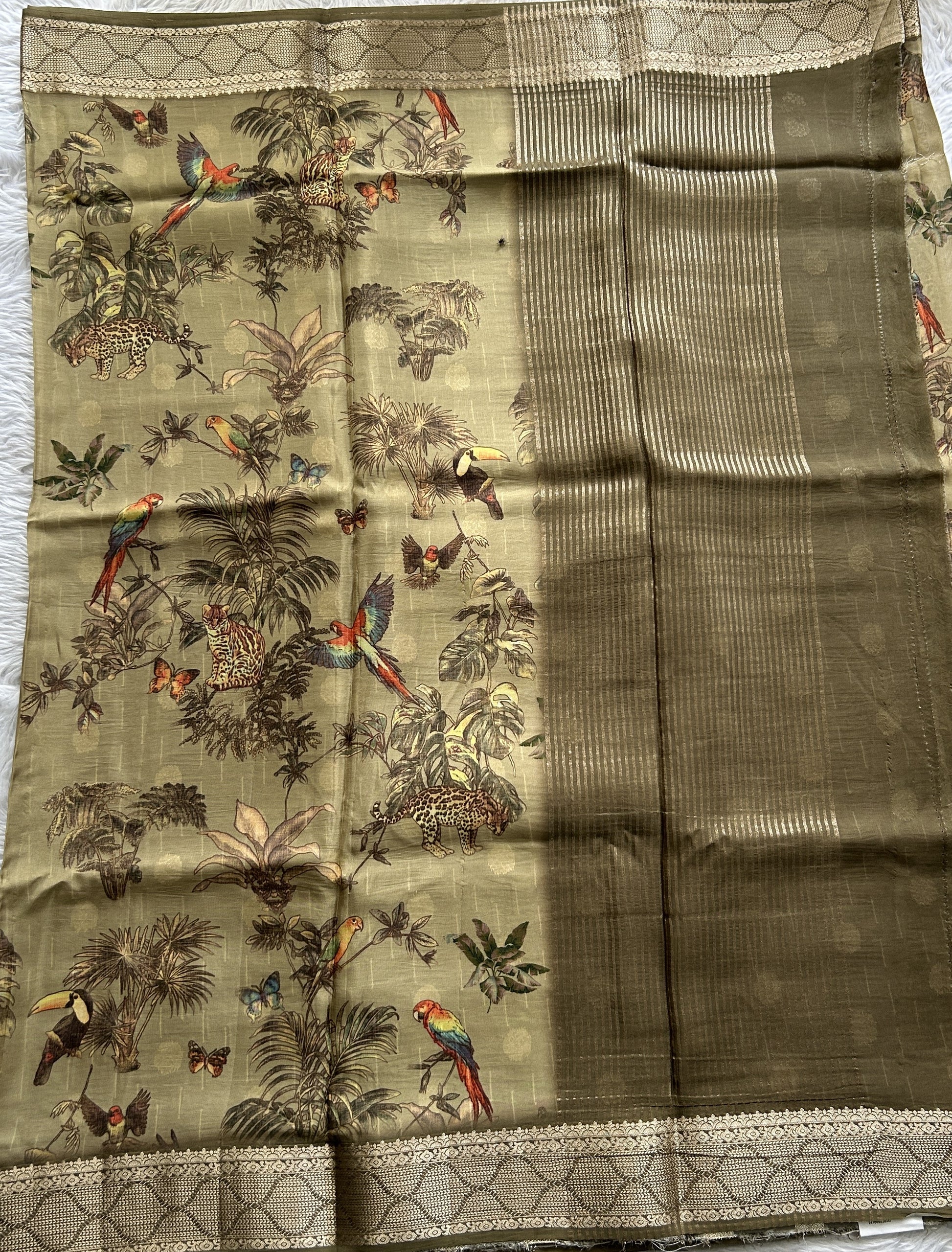 Banarasi Soft Silk Saree Olive Green Colored Complemented with a Zari Border. - Sampradaya Designer Studio