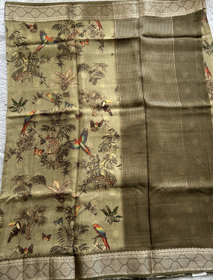 Banarasi Soft Silk Saree Olive Green Colored Complemented with a Zari Border. - Sampradaya Designer Studio