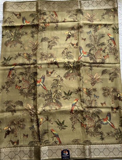 Banarasi Soft Silk Saree Olive Green Colored Complemented with a Zari Border. - Sampradaya Designer Studio