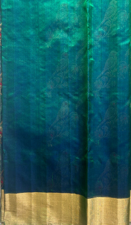 Chanderi Silk Saree Acrylic Blue color Elegantly Paired with a Double border - Sampradaya Designer Studio
