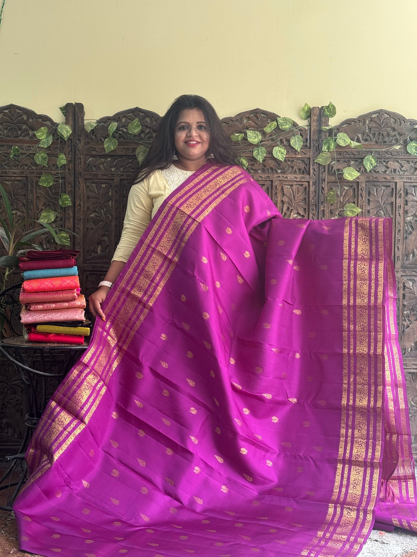 Pure Kanjivaram Silk Saree Purple Colored Complemented with Gold Zari Weaving Border. - Sampradaya Designer Studio