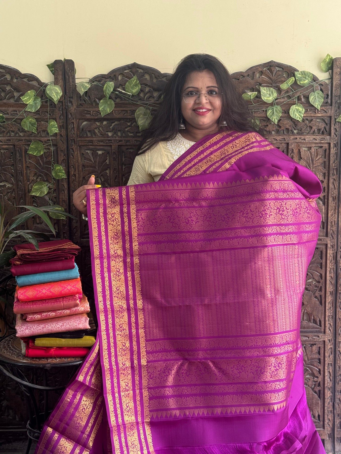 Pure Kanjivaram Silk Saree Purple Colored Complemented with Gold Zari Weaving Border. - Sampradaya Designer Studio